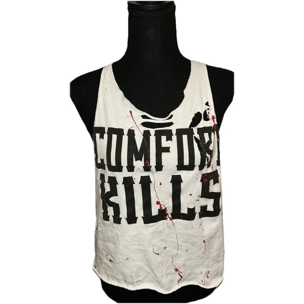“Comfort Kills” Cut Off Sleeveless Tank Top Approximately 20” Length Hem Rolls
